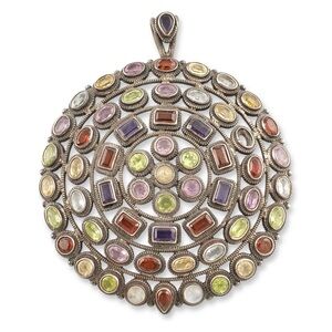 Vintage Multicolor Gemstone Sterling Silver Necklace Pendant Extra Large